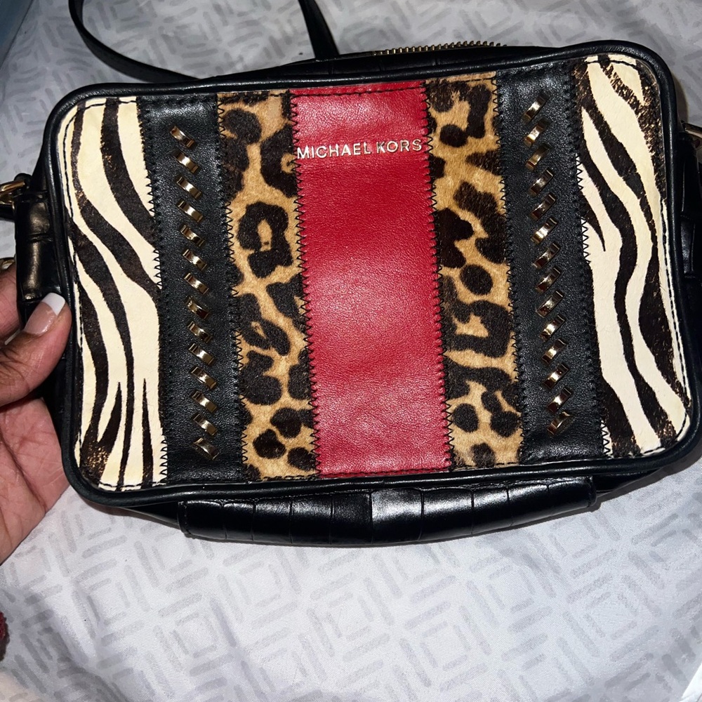 Michael Kors Black and Red Animal Print Crossbody Bag